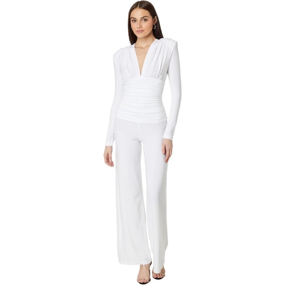 Norma Kamali White V-Neck Long Sleeve Shirred Waist Jumpsuit Shoulder Pads XL